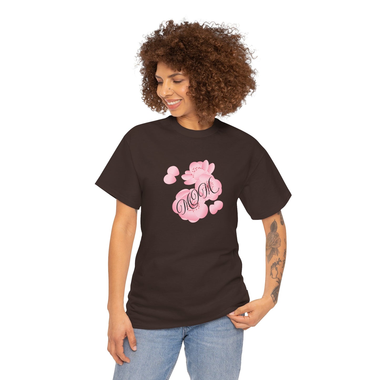 Stylish Mom Lettering with Pink Flowers - Heavy Cotton Tee