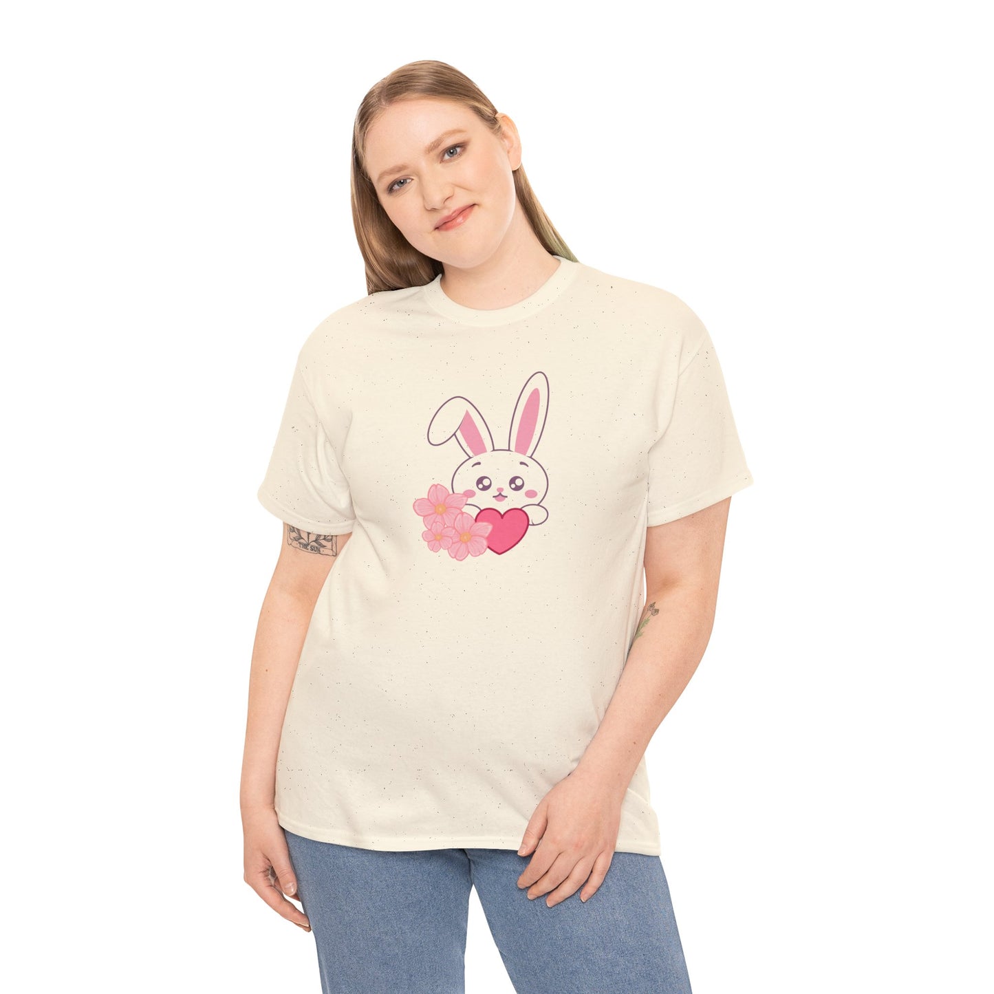 Unisex Heavy Cotton Tee - Whimsical Bunny Holding Heart
