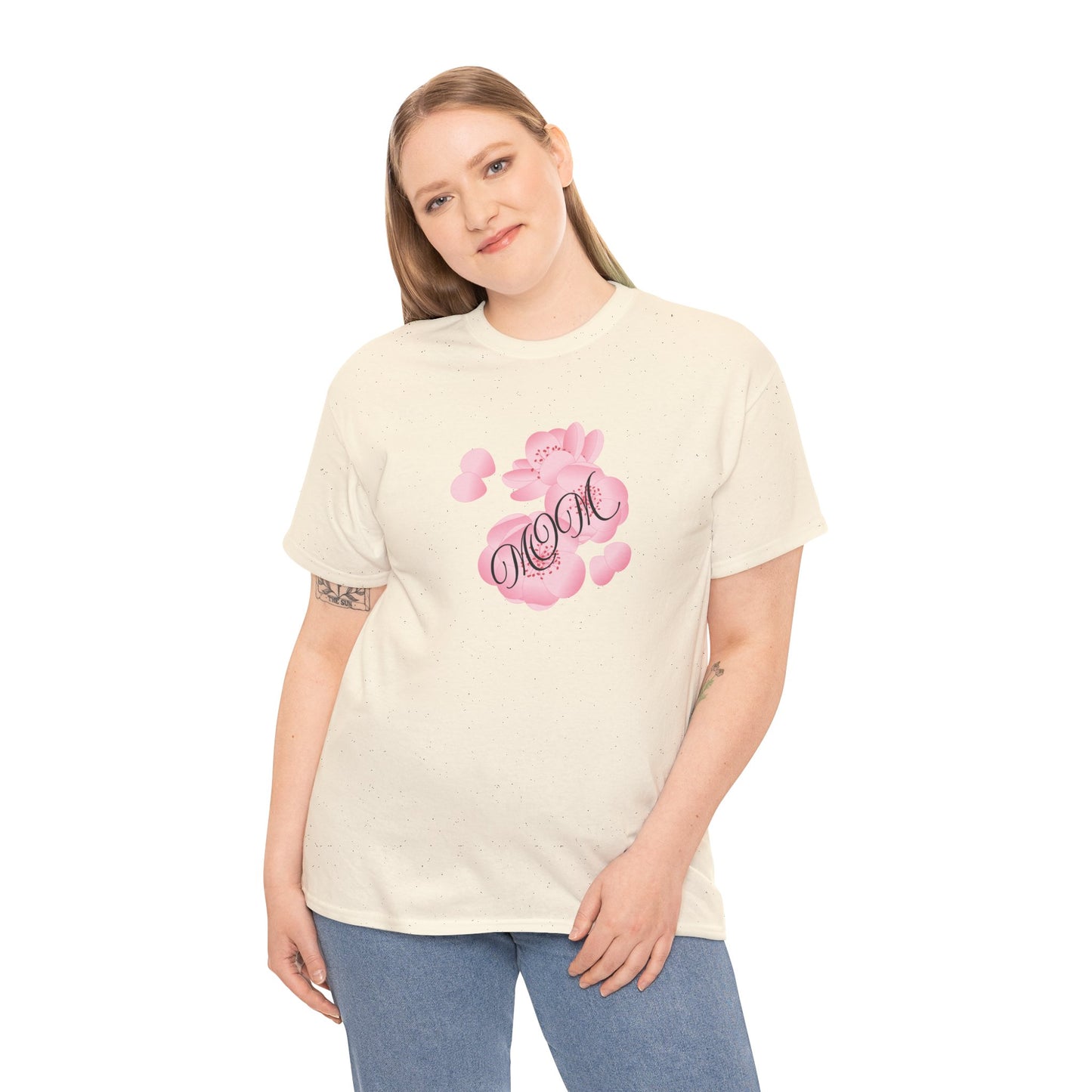 Stylish Mom Lettering with Pink Flowers - Heavy Cotton Tee