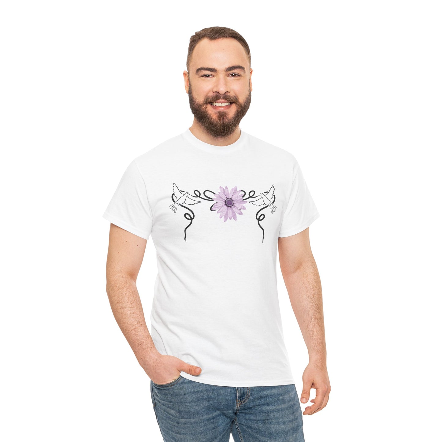 Unisex Heavy Cotton Tee - Doves with Flower