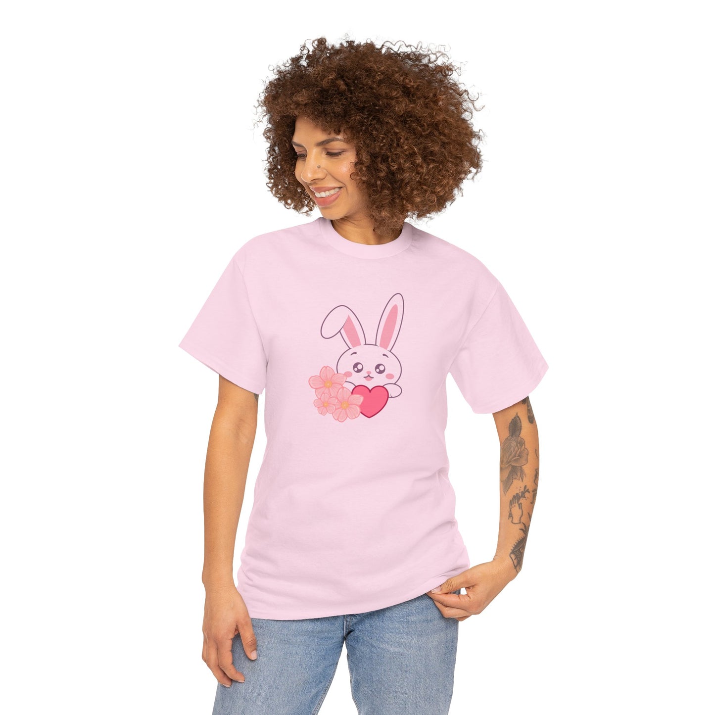 Unisex Heavy Cotton Tee - Whimsical Bunny Holding Heart
