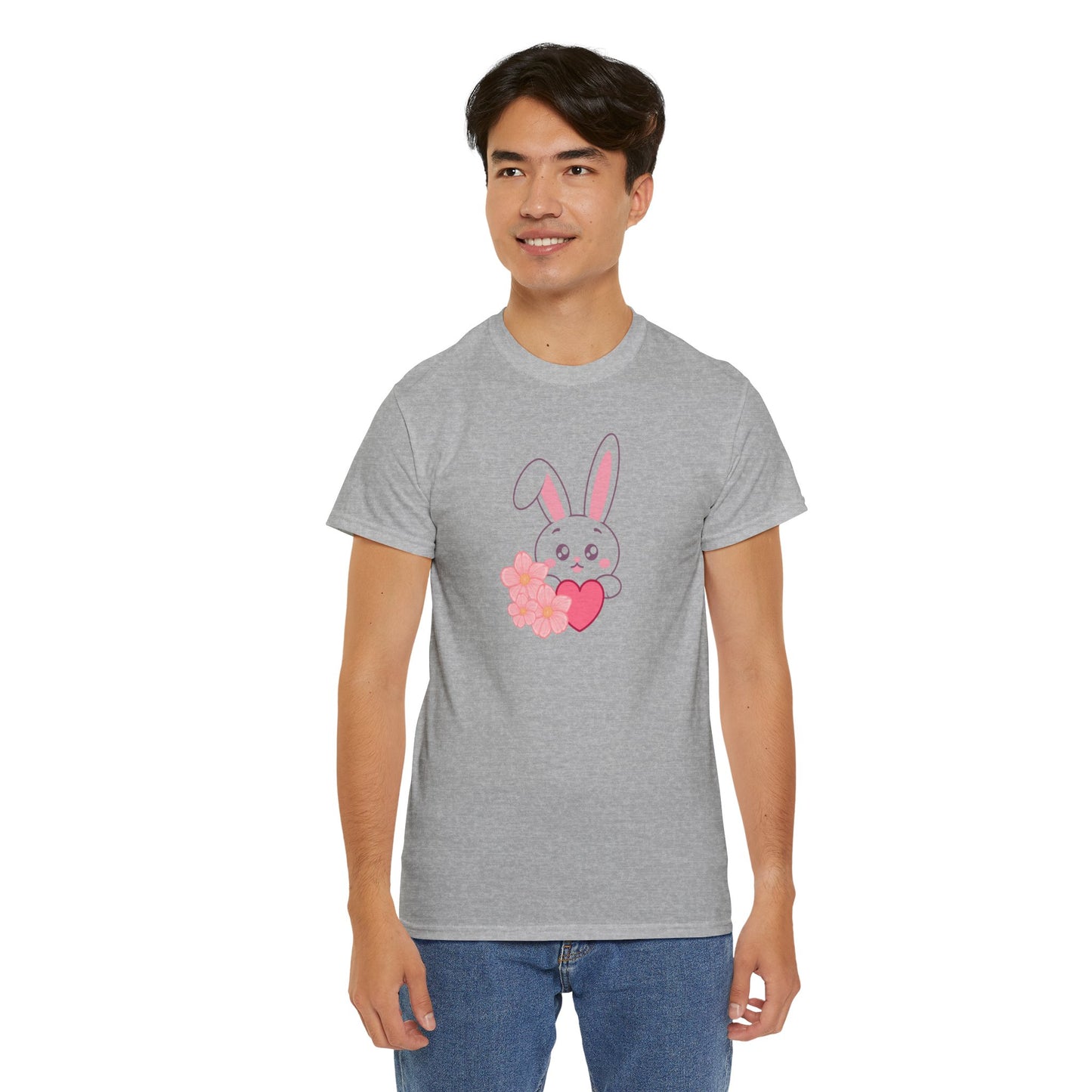 Unisex Heavy Cotton Tee - Whimsical Bunny Holding Heart