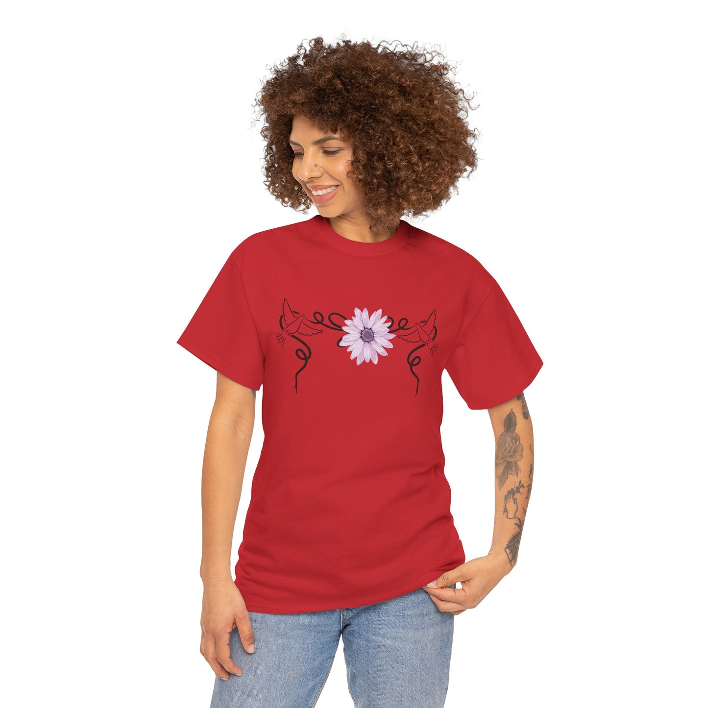 Unisex Heavy Cotton Tee - Doves with Flower