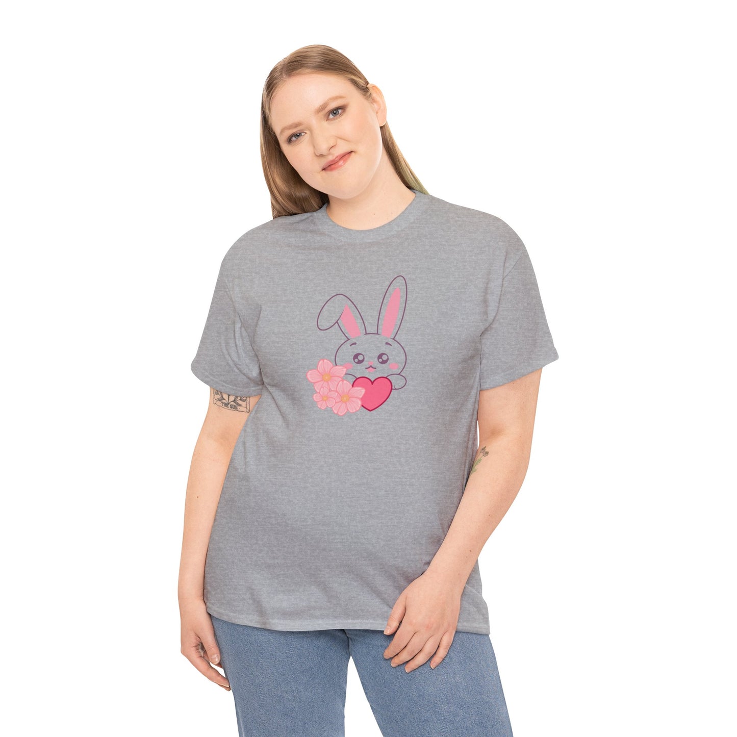 Unisex Heavy Cotton Tee - Whimsical Bunny Holding Heart