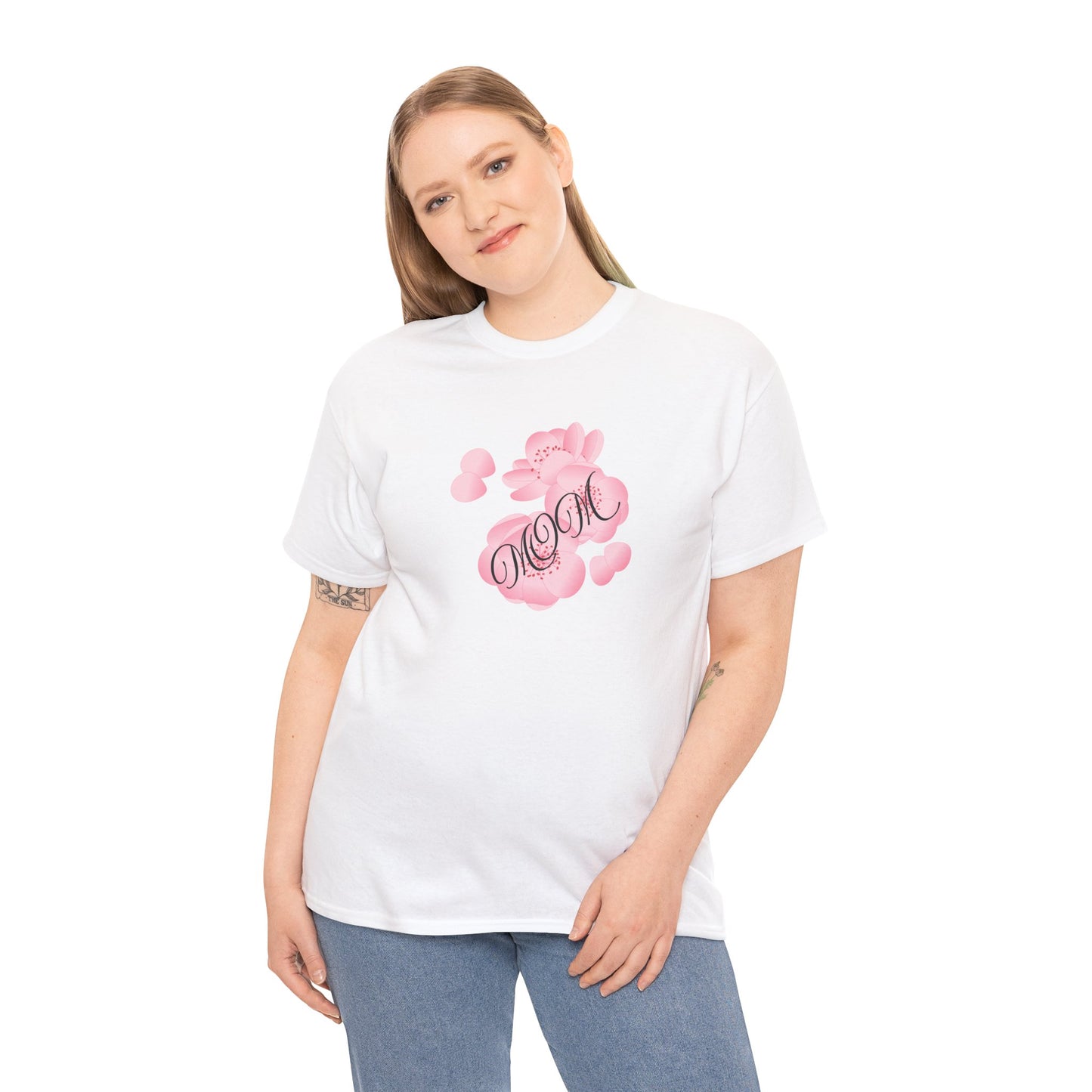 Stylish Mom Lettering with Pink Flowers - Heavy Cotton Tee