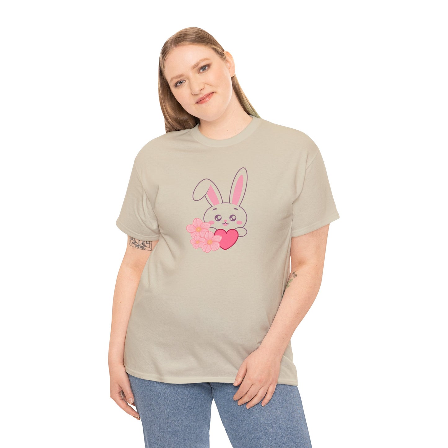 Unisex Heavy Cotton Tee - Whimsical Bunny Holding Heart