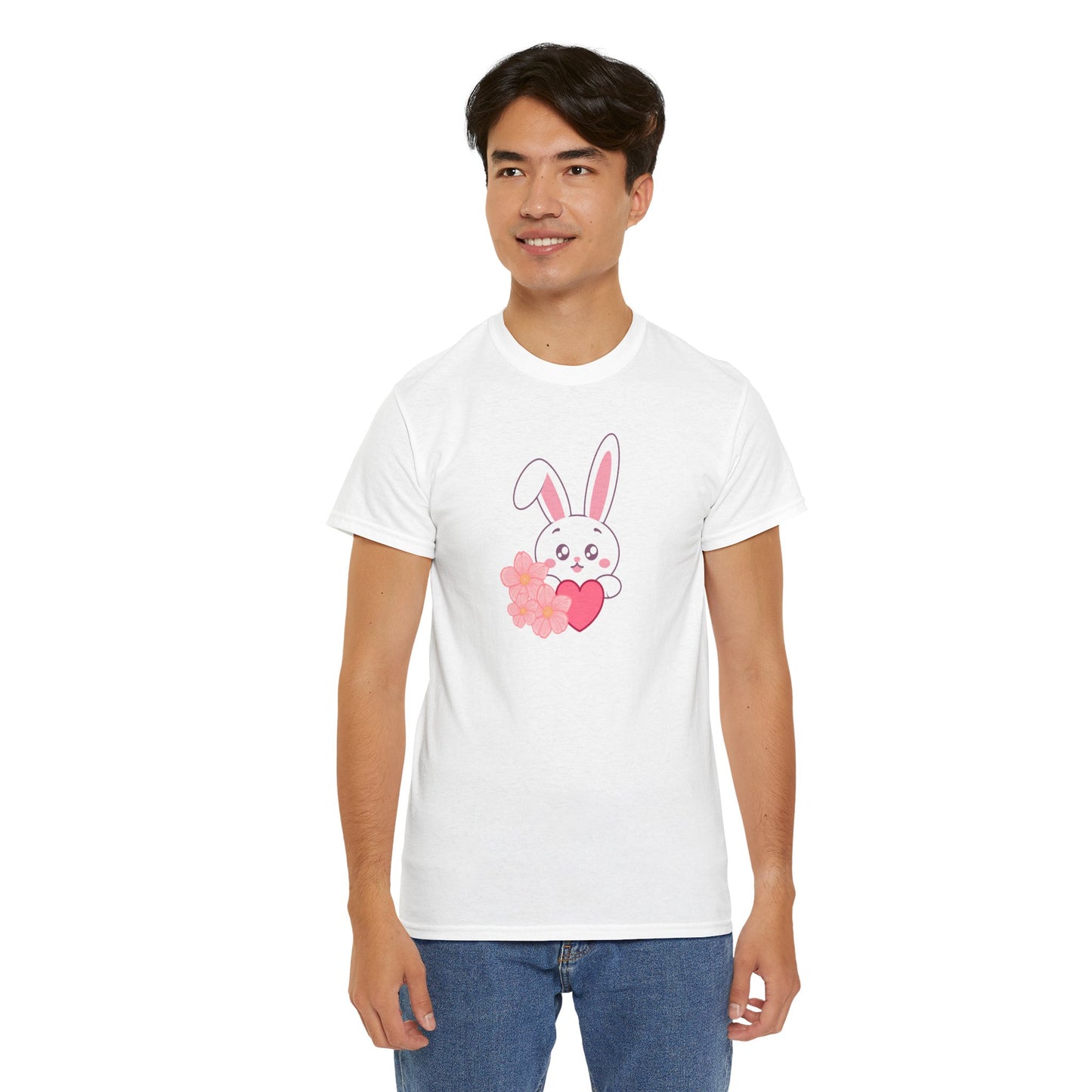 Unisex Heavy Cotton Tee - Whimsical Bunny Holding Heart