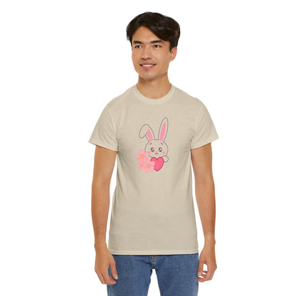 Unisex Heavy Cotton Tee - Whimsical Bunny Holding Heart