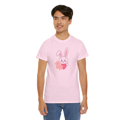 Unisex Heavy Cotton Tee - Whimsical Bunny Holding Heart