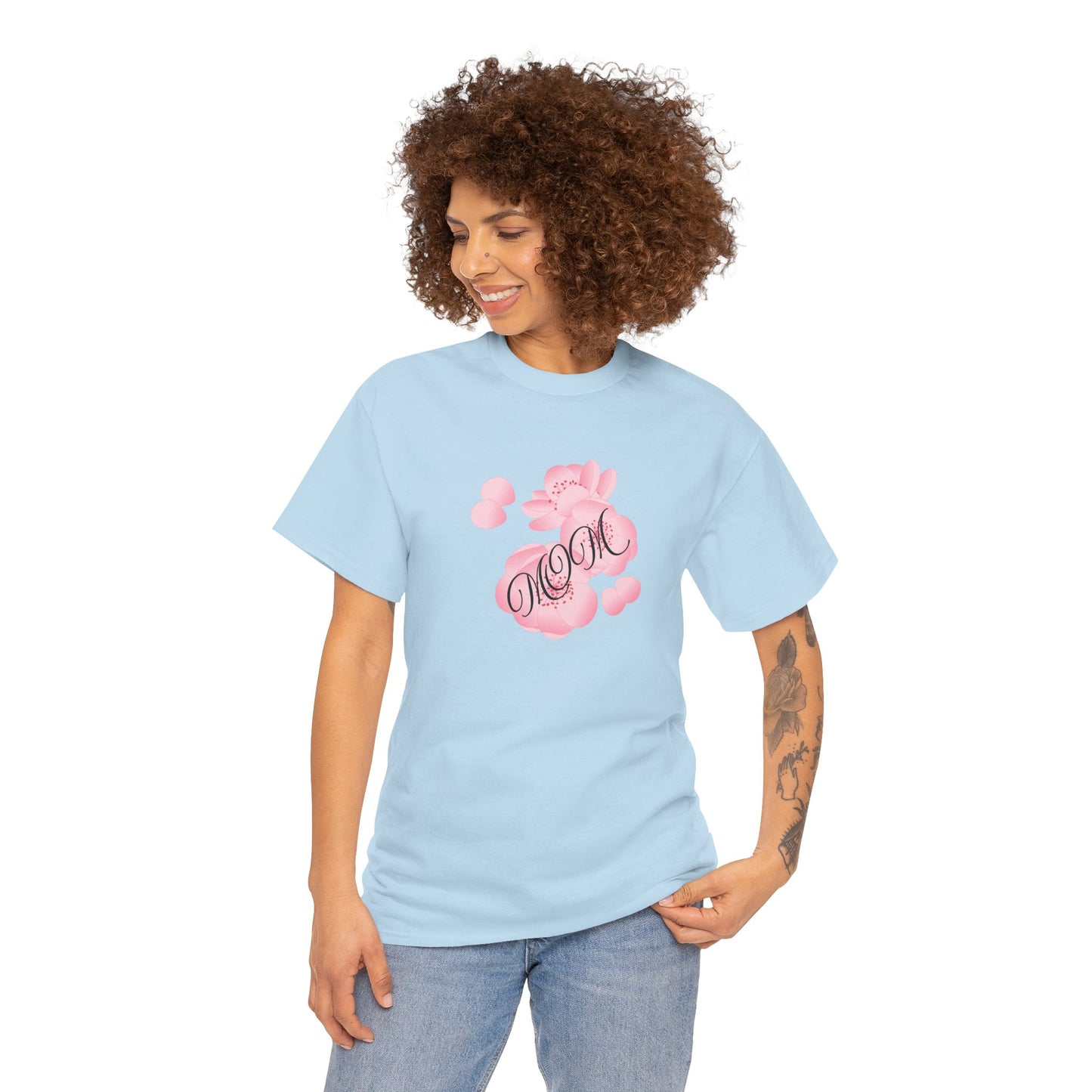 Stylish Mom Lettering with Pink Flowers - Heavy Cotton Tee