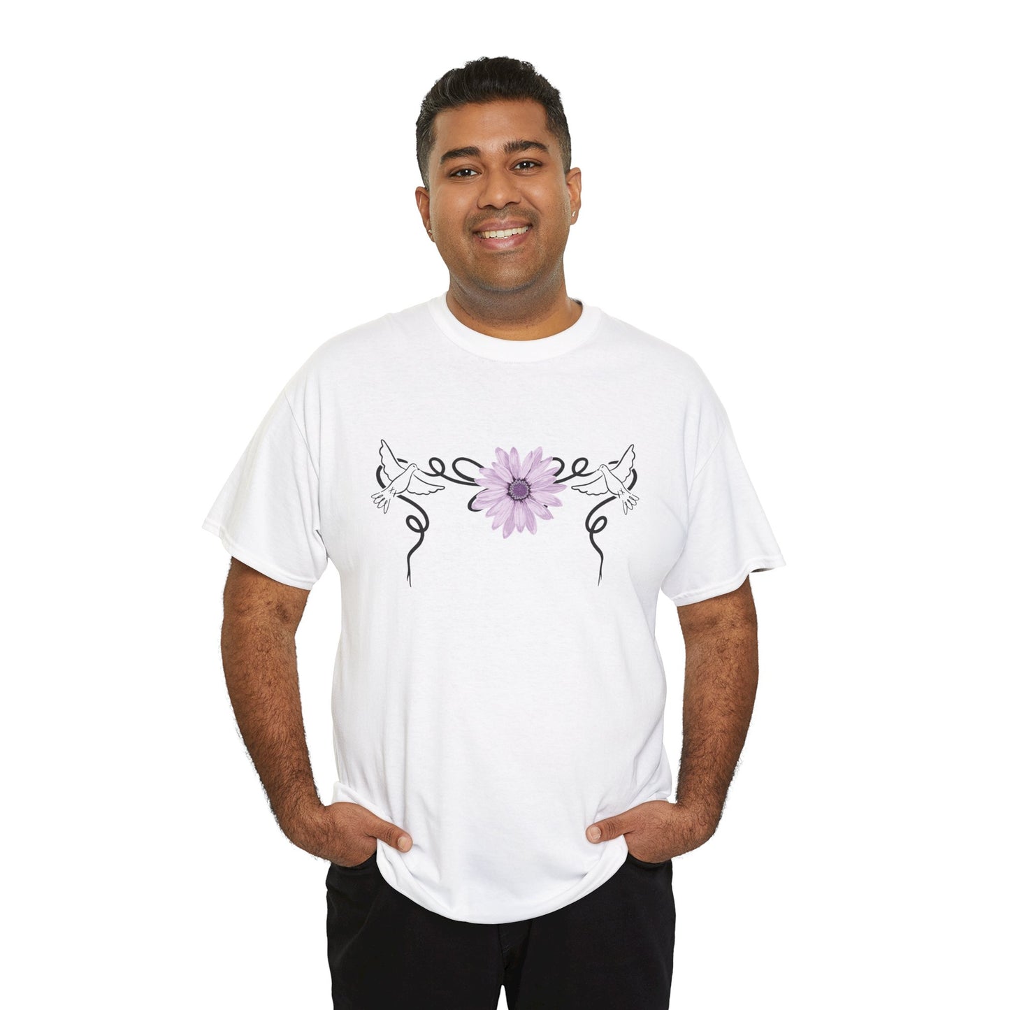 Unisex Heavy Cotton Tee - Doves with Flower