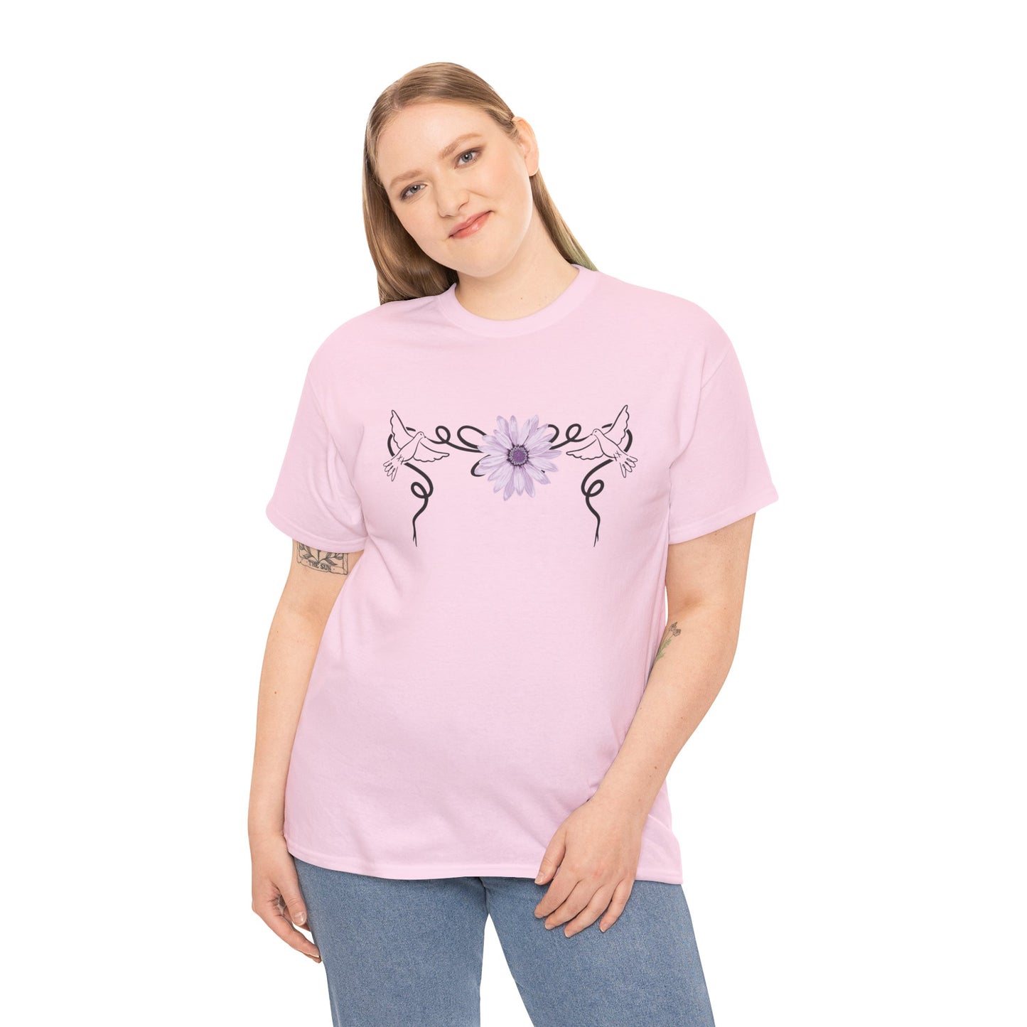 Unisex Heavy Cotton Tee - Doves with Flower