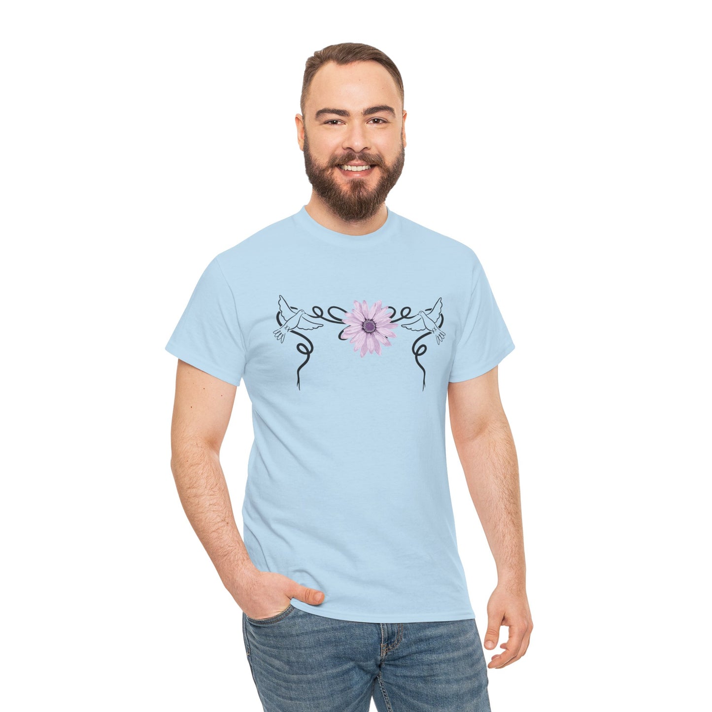 Unisex Heavy Cotton Tee - Doves with Flower