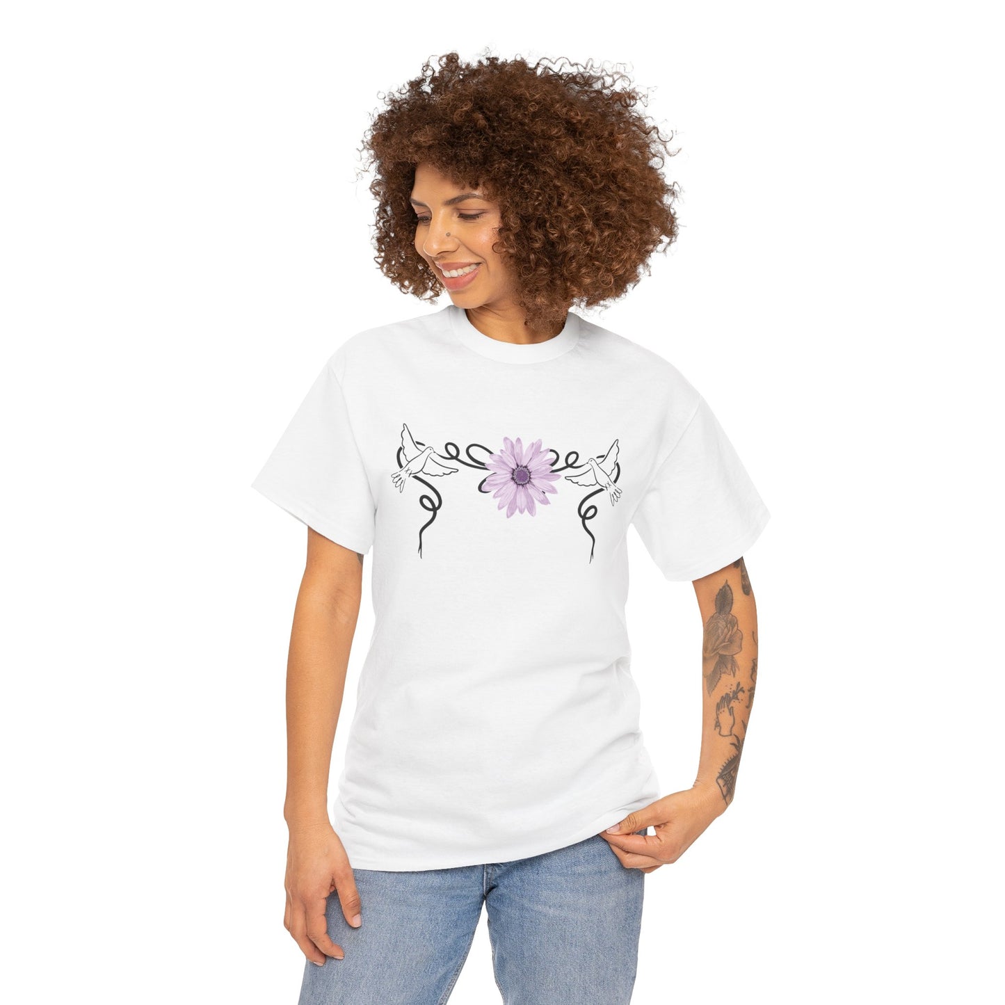 Unisex Heavy Cotton Tee - Doves with Flower