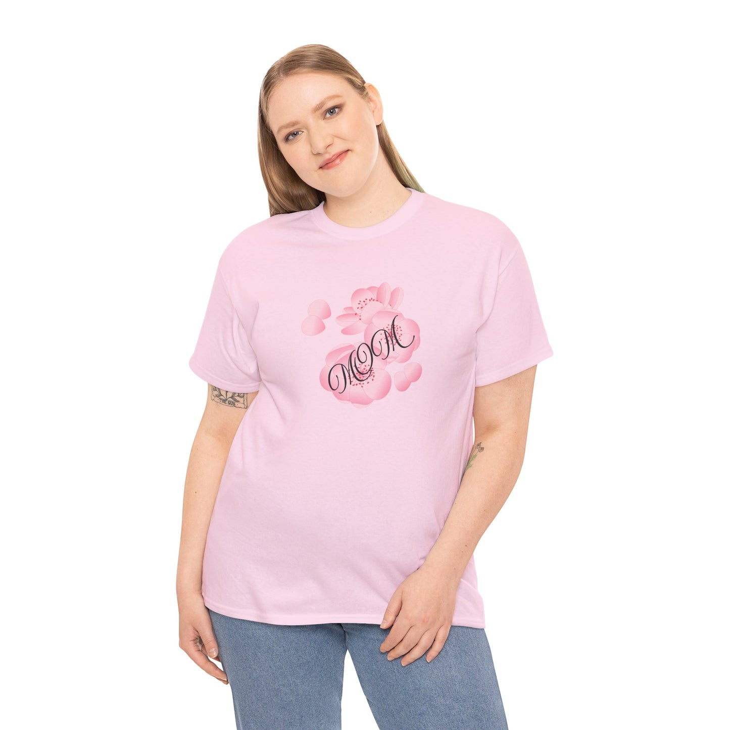 Stylish Mom Lettering with Pink Flowers - Heavy Cotton Tee
