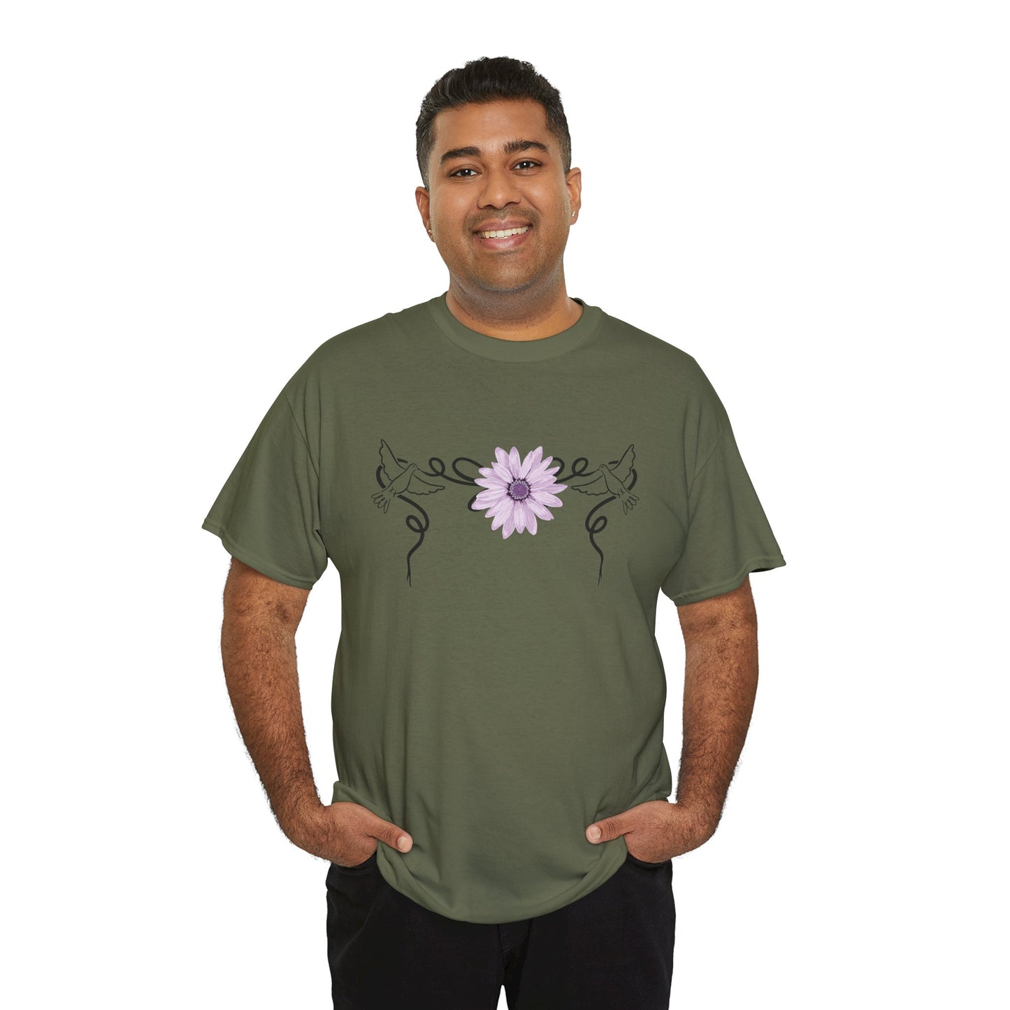 Unisex Heavy Cotton Tee - Doves with Flower