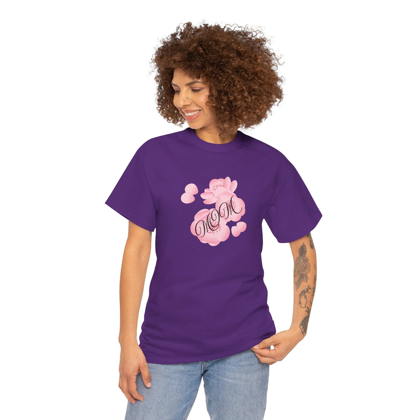 Stylish Mom Lettering with Pink Flowers - Heavy Cotton Tee