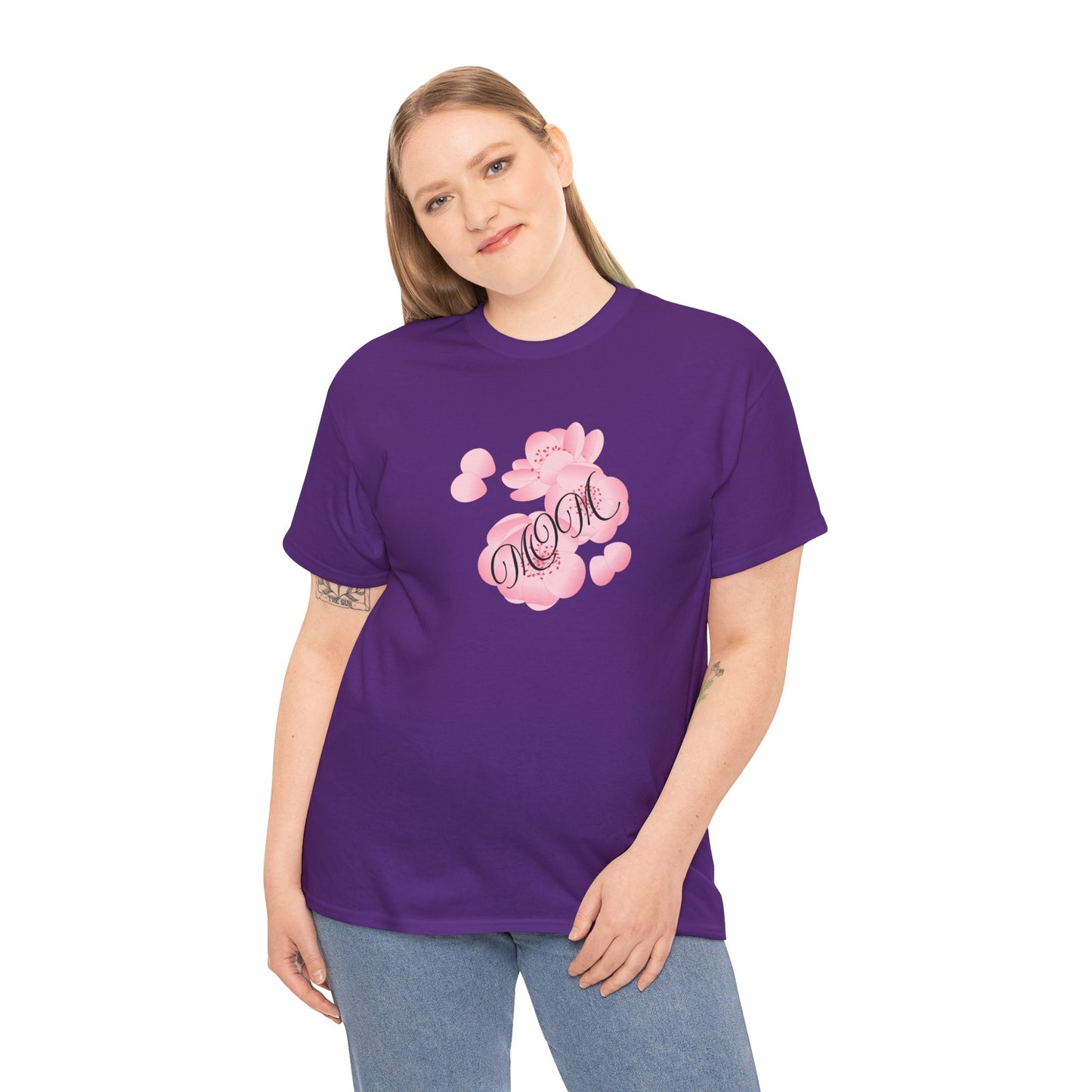 Stylish Mom Lettering with Pink Flowers - Heavy Cotton Tee