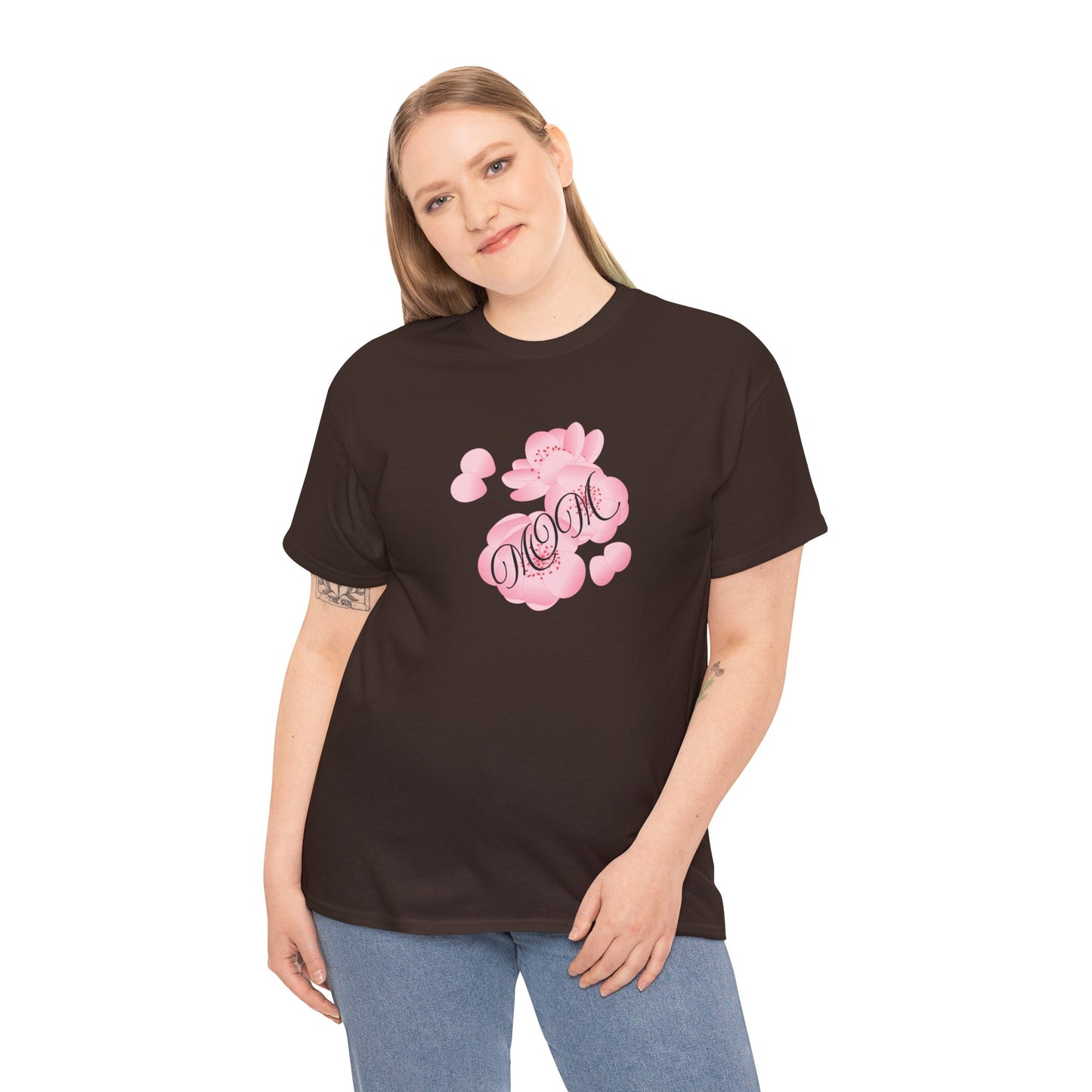 Stylish Mom Lettering with Pink Flowers - Heavy Cotton Tee