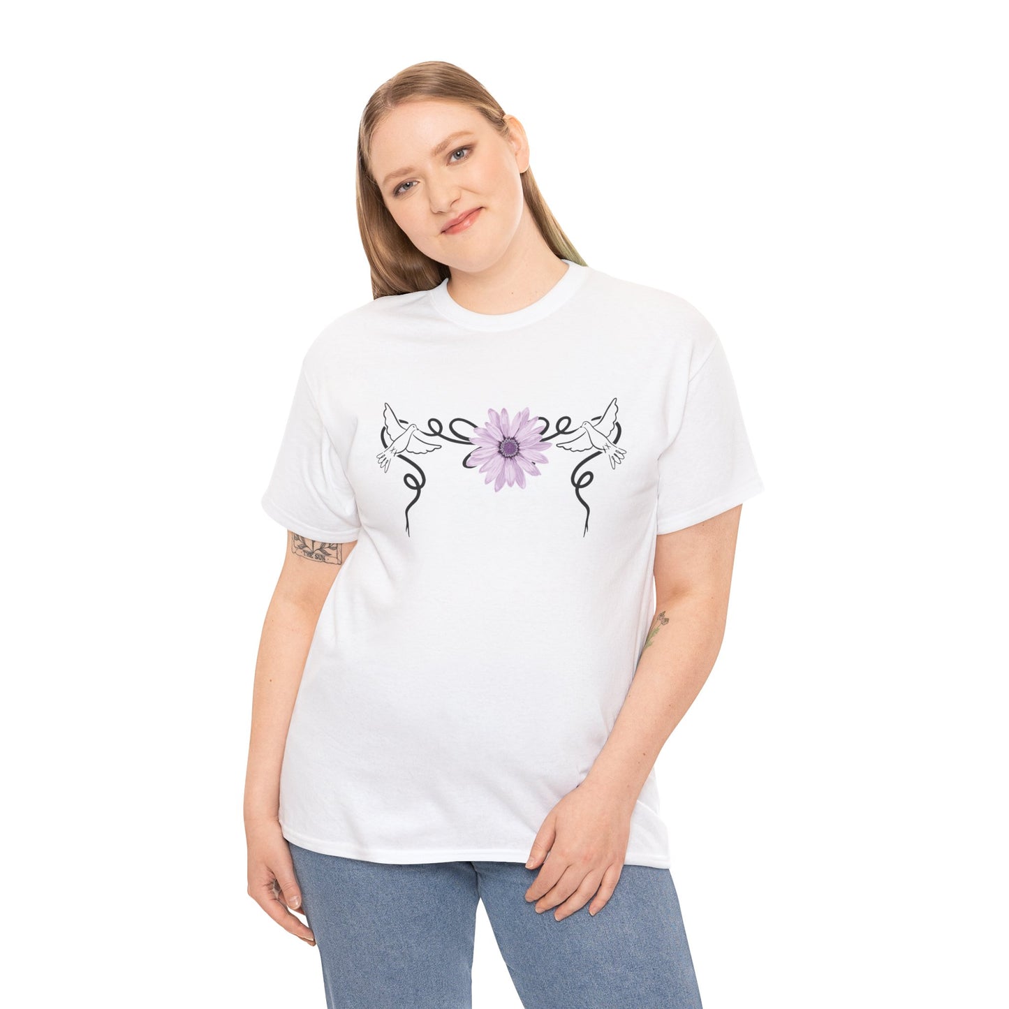 Unisex Heavy Cotton Tee - Doves with Flower