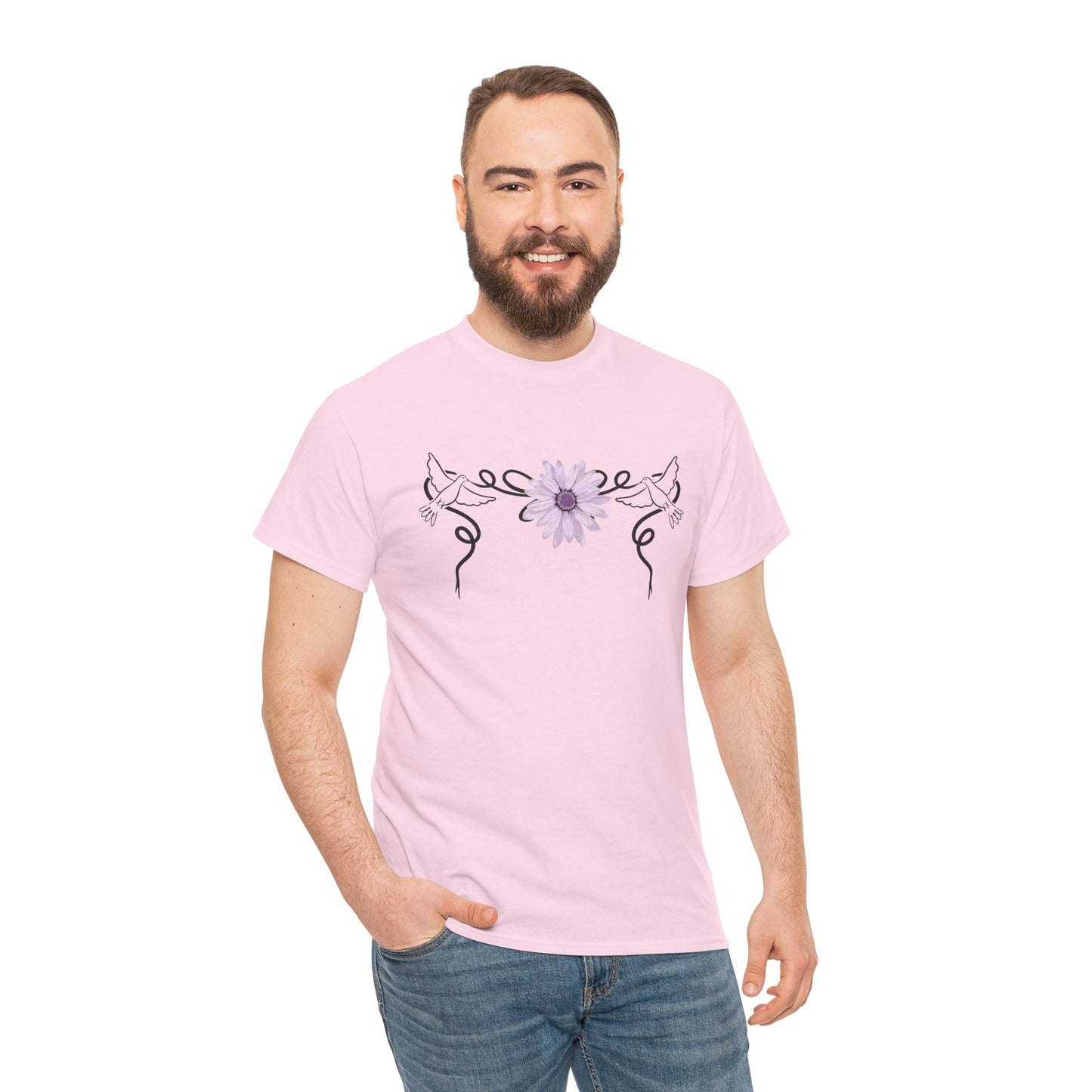 Unisex Heavy Cotton Tee - Doves with Flower